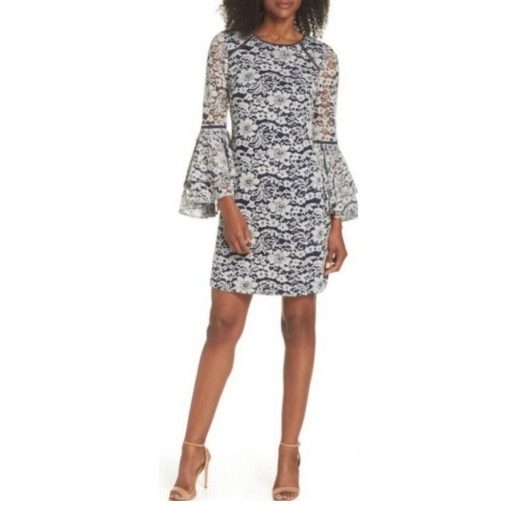 Chelsea28 Dress 6 S Blue Gray Stretch Cotton Lace Sheath Long Sleeve Washable